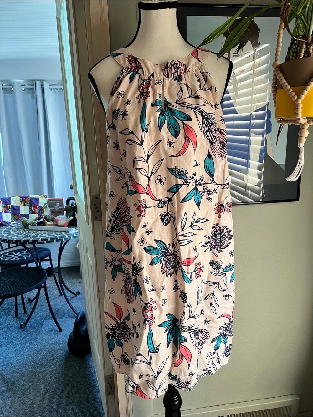 Rachel Ashwell sz L linen floral mini halter style shift dress.